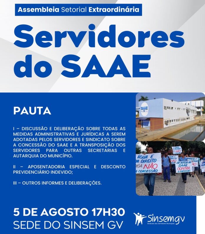 Sinsem convoca Assembleia Extraordinária para servidores do Saae