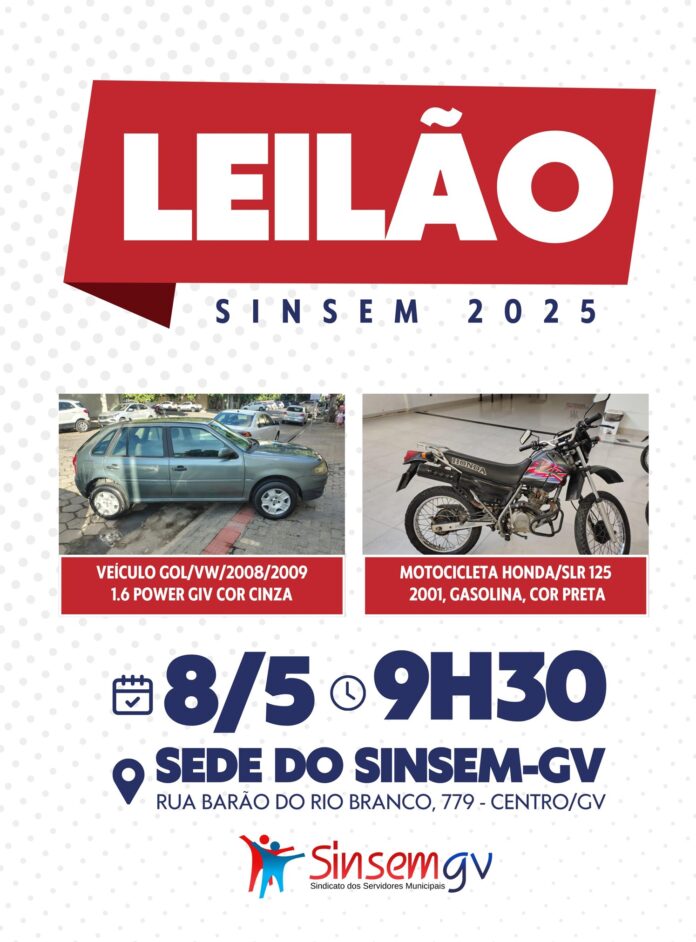 Sinsem realiza leilão de veículos no dia 8 de maio