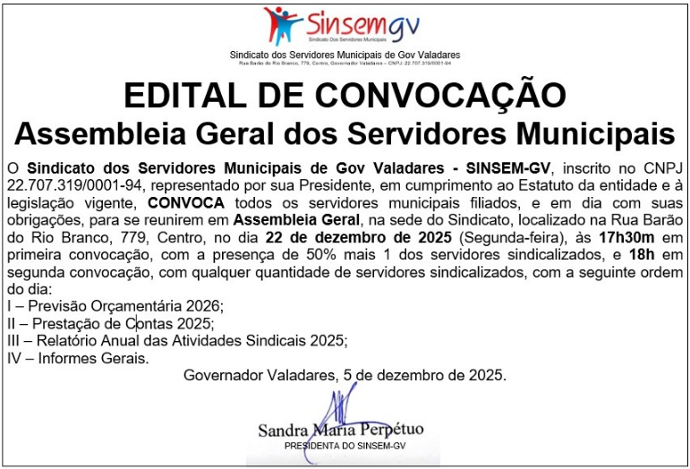 Sinsem realiza assembleia geral para votar contas e orçamento